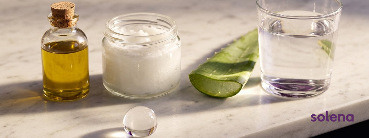 Flacon d'huile d'olive, pot d'huile de coco, feuille d'aloe vera et verre d'eau sur un plan en marbre, avec une goutte d'eau au premier plan