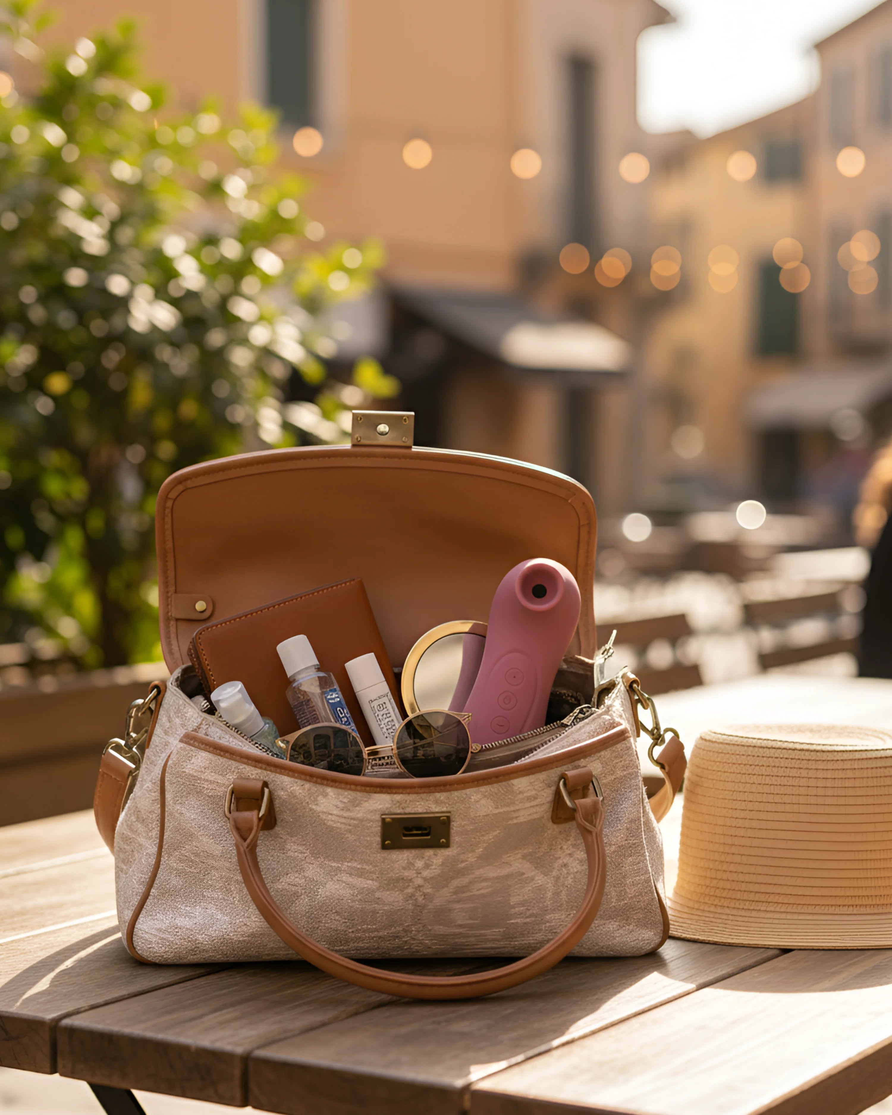 Le vibromasseur clitoridien Flora de Solena dans un sac a main en terrasse