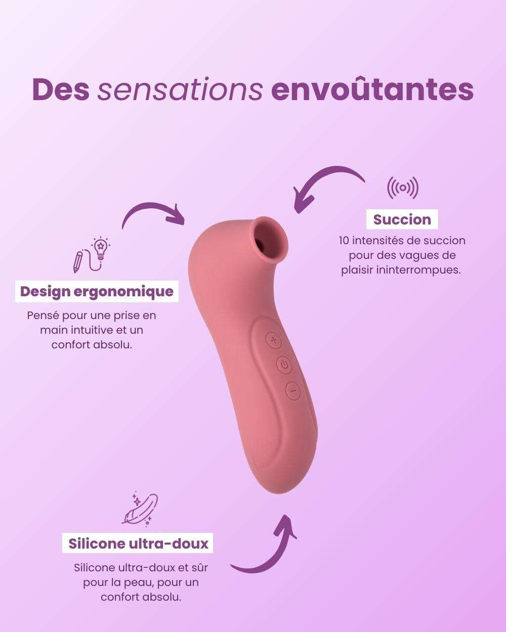Vibromasseur à succion Flora de Solena : silicone doux et modes de succion pour des sensations envoûtantes.