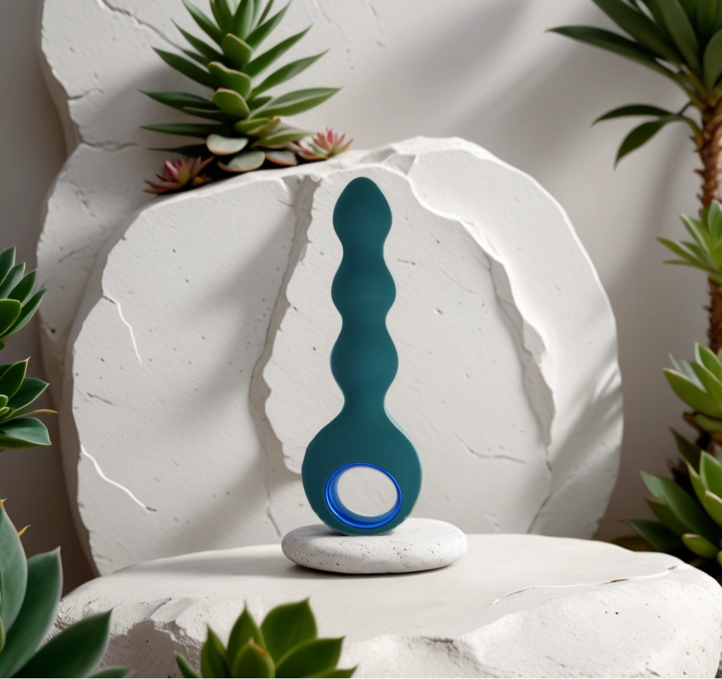 Sextoy anal en silicone à perles progressives avec anneau de maintien, posé dans un décor naturel, symbolisant l’exploration intime sans limite avec Veno de Solena
