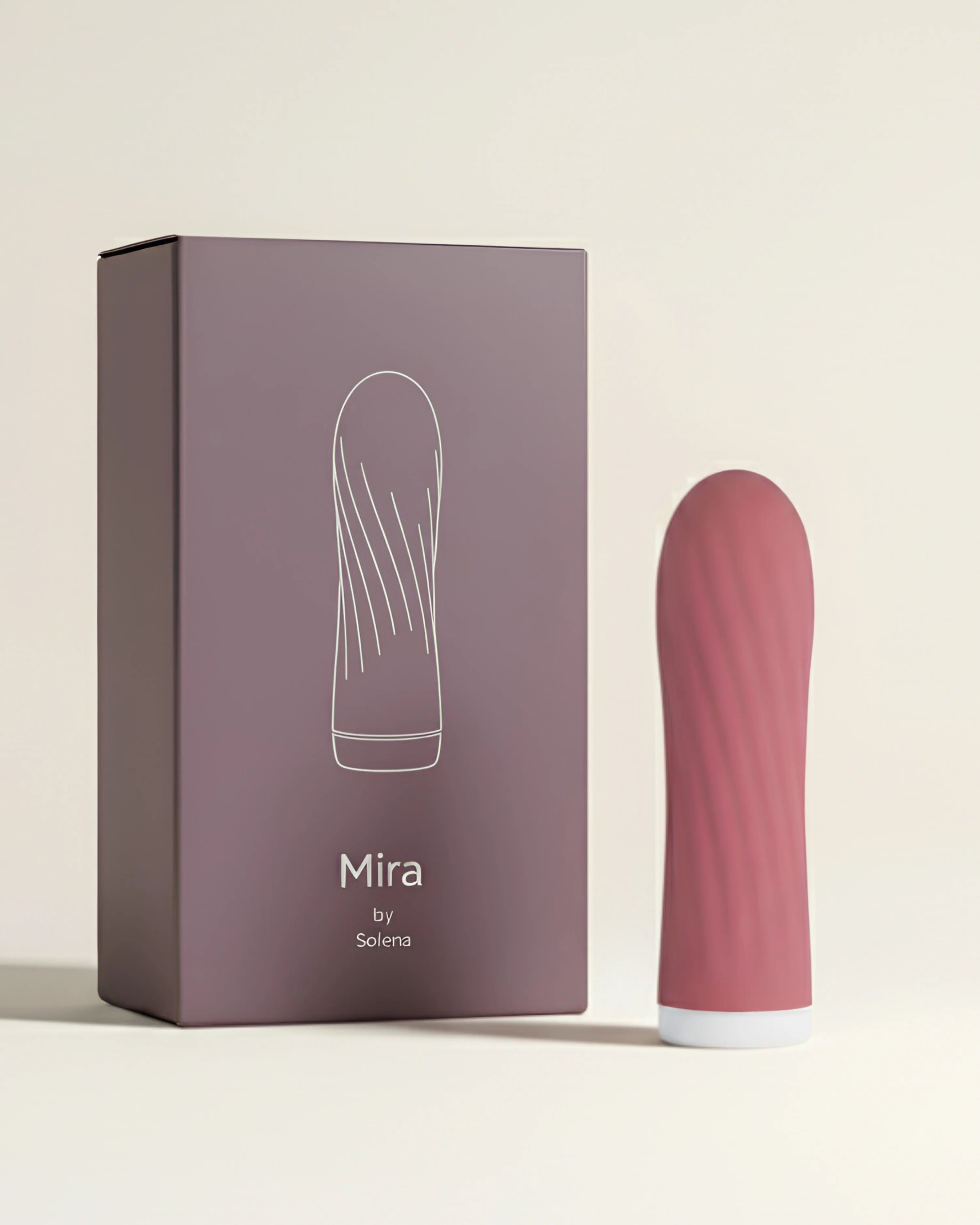 Vibromasseur bullet (mini-masseur) Mira de Solena, couleur rose foncé avec motif de vague, présenté à côté de sa boîte d'emballage violette. Jouet sexuel portable et discret.
