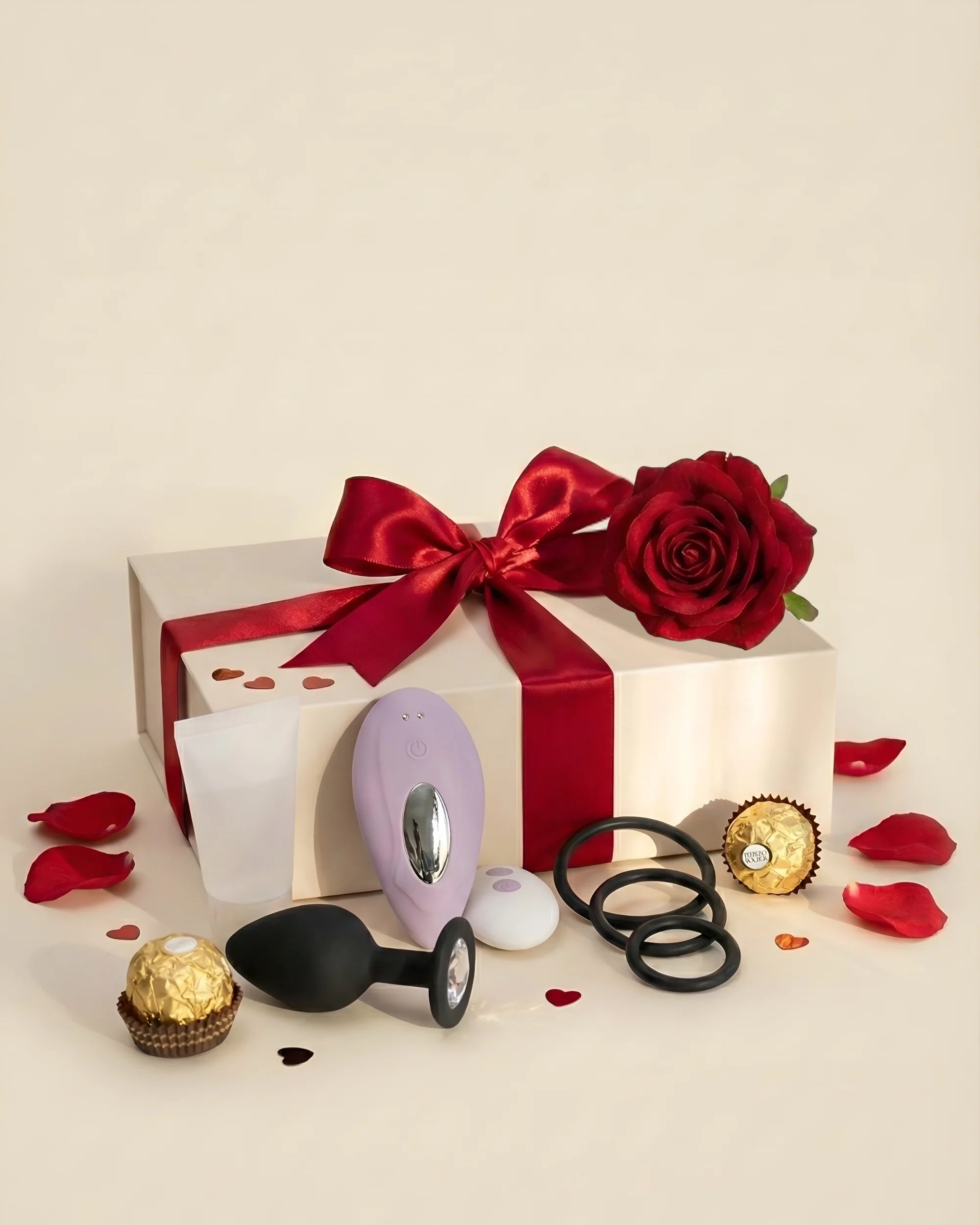 Idée cadeau Saint Valentin : coffret couple Vive Amour avec sextoys, anneaux et rose rouge
