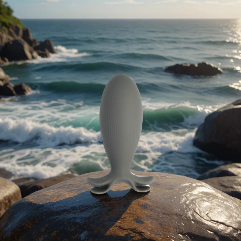 Plug anal vibrant posé sur un rocher face à l’océan, illustrant l’intensité et la profondeur sensorielle de l’expérience intime offerte par Nemo de Solena